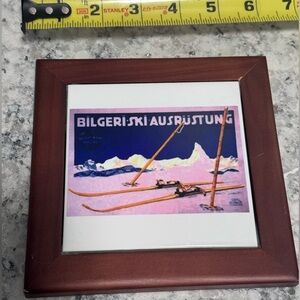 Vintage Austrian Ski Equipment Wood Framed Print on White Tile 6x6 Orca Coatings